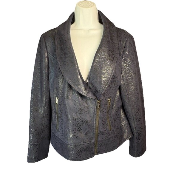 V Cristina Navy Blue Faux Leather Moto Jacket Snakeskin Print Size L Biker - Picture 2 of 9